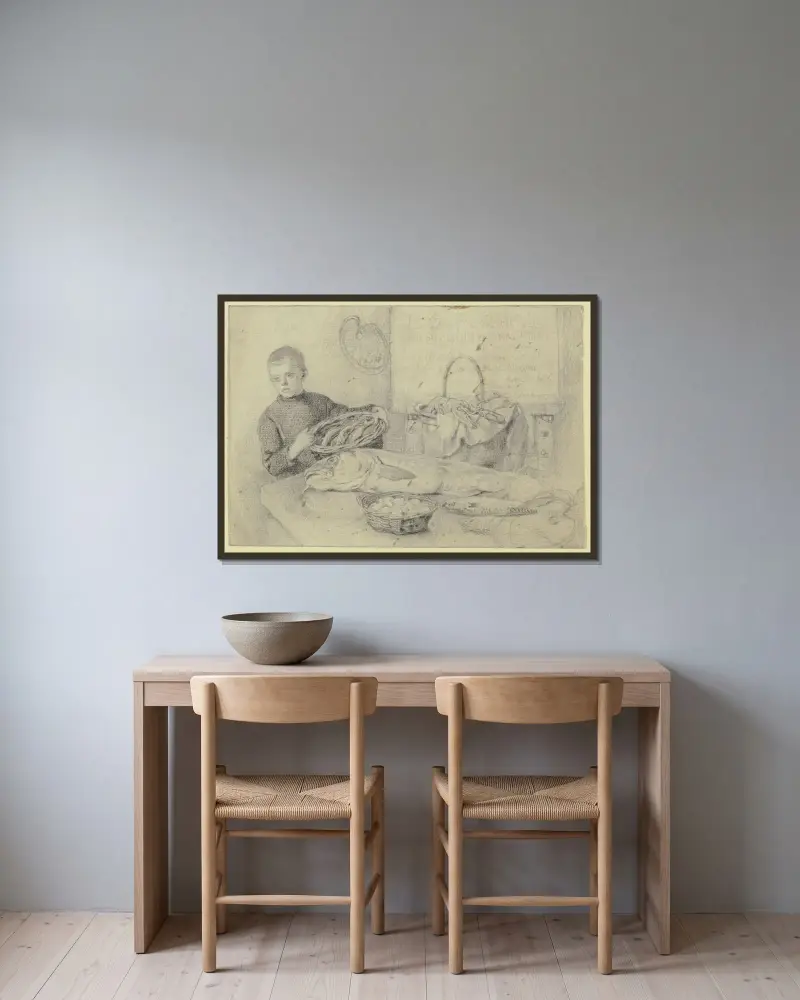 Beim Fischhändler von Otto Scholderer gerahmt an einer Wand