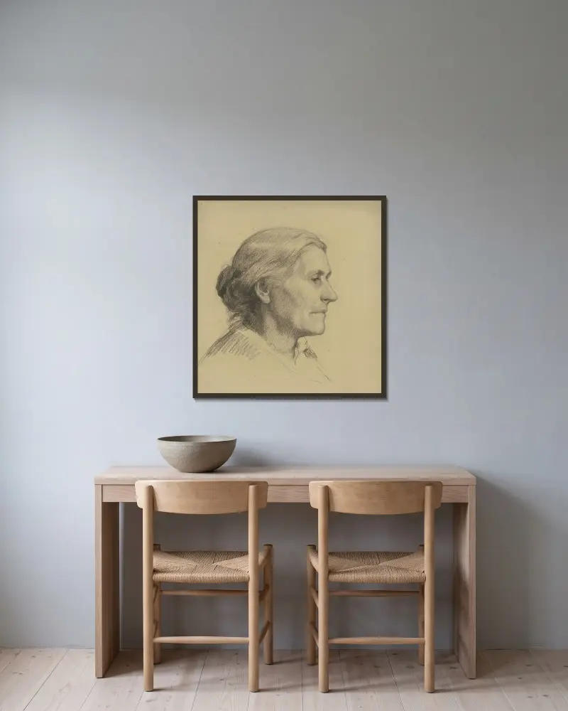 Bildnis einer älteren Dame nach rechts – Nr. 3 von Otto Scholderer gerahmt an einer Wand