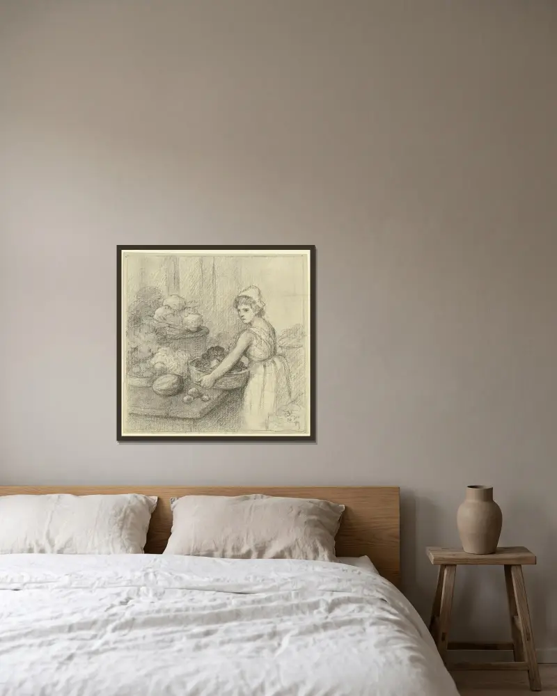 Gemüseverkäuferin, 1889 von Otto Scholderer gerahmt an einer Wand