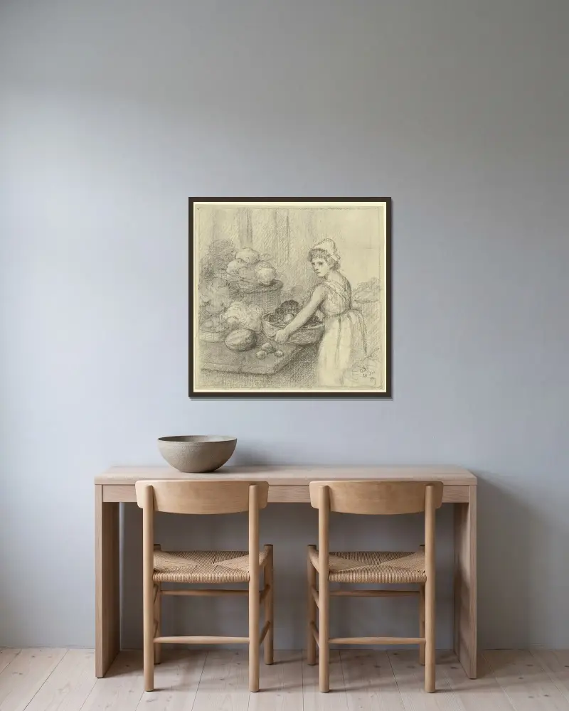 Gemüseverkäuferin, 1889 von Otto Scholderer gerahmt an einer Wand