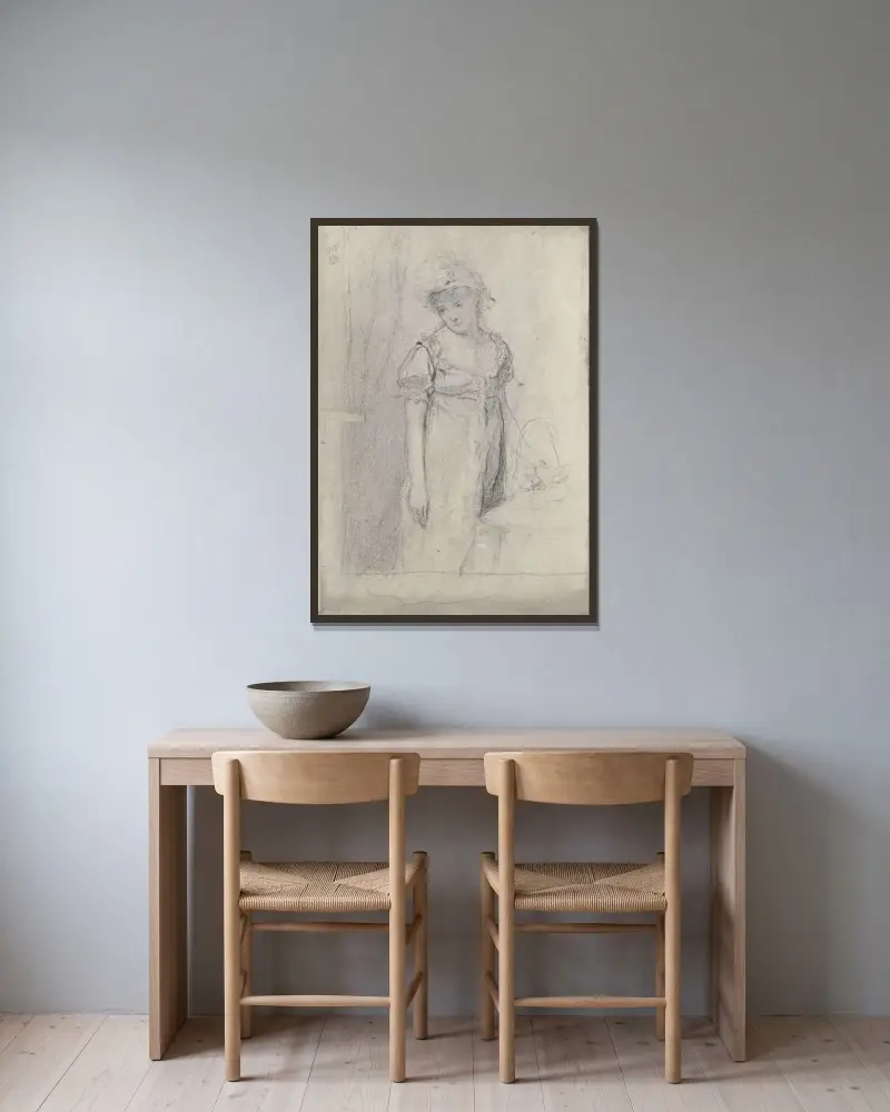 Junge Dame mit Hut und Blumenkorb, an einem Tisch stehend von Otto Scholderer gerahmt an einer Wand