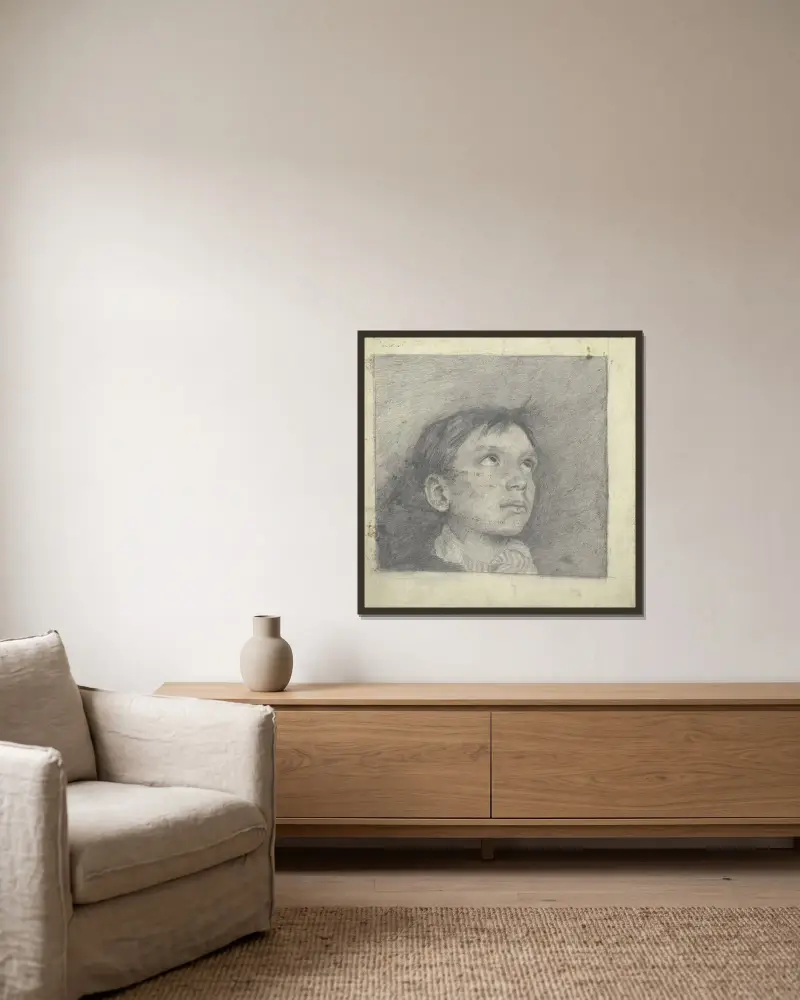 Kopf eines nach oben blickenden Knaben von Otto Scholderer gerahmt an einer Wand