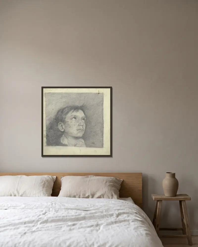 Kopf eines nach oben blickenden Knaben von Otto Scholderer gerahmt an einer Wand