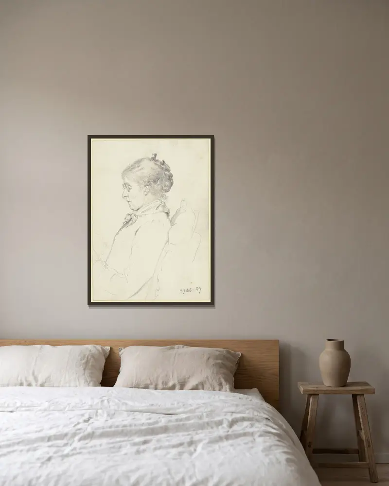 Luise Scholderer im Profil nach links, lesend von Otto Scholderer gerahmt an einer Wand
