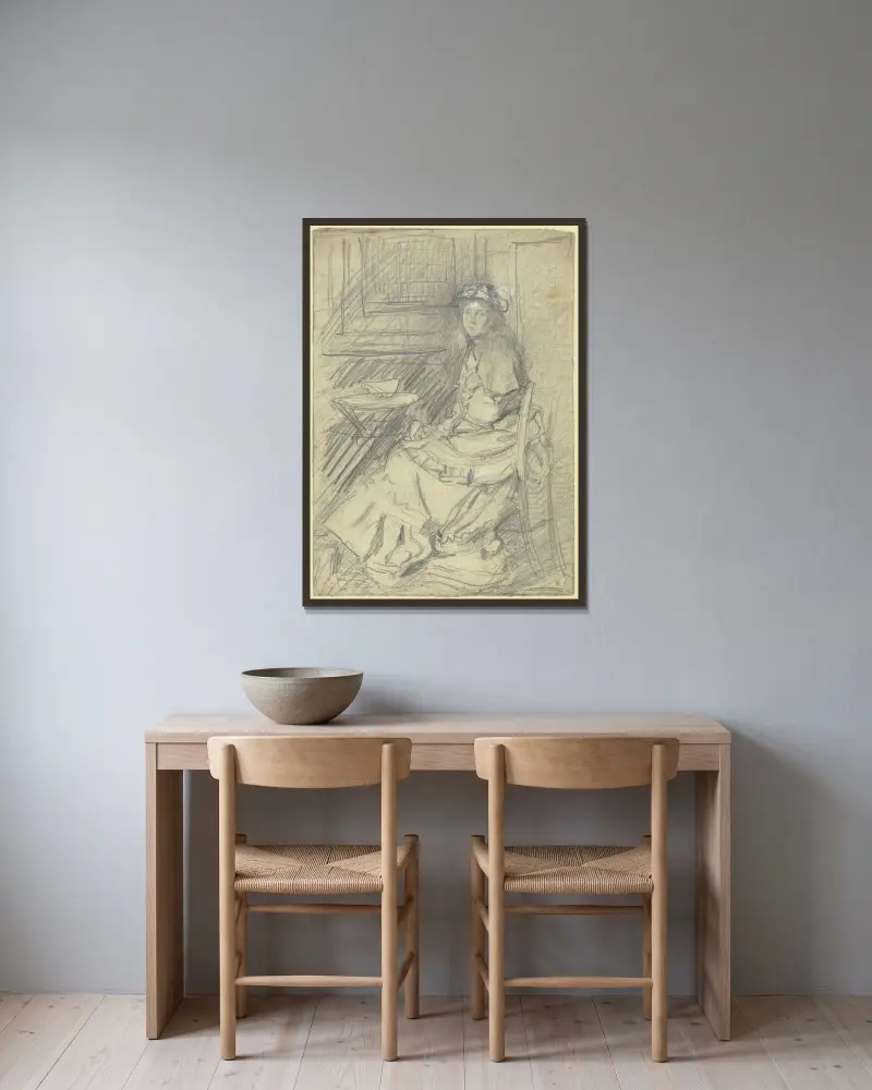 Luise Scholderer im Reisekostüm, an einem Tisch sitzend von Otto Scholderer gerahmt an einer Wand