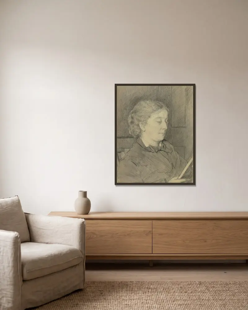 Luise Scholderer čtoucí s kočkou, Otto Scholderer v rámu na stěně