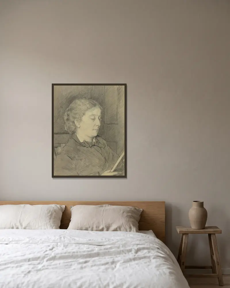 Luise Scholderer čtoucí s kočkou, Otto Scholderer v rámu na stěně