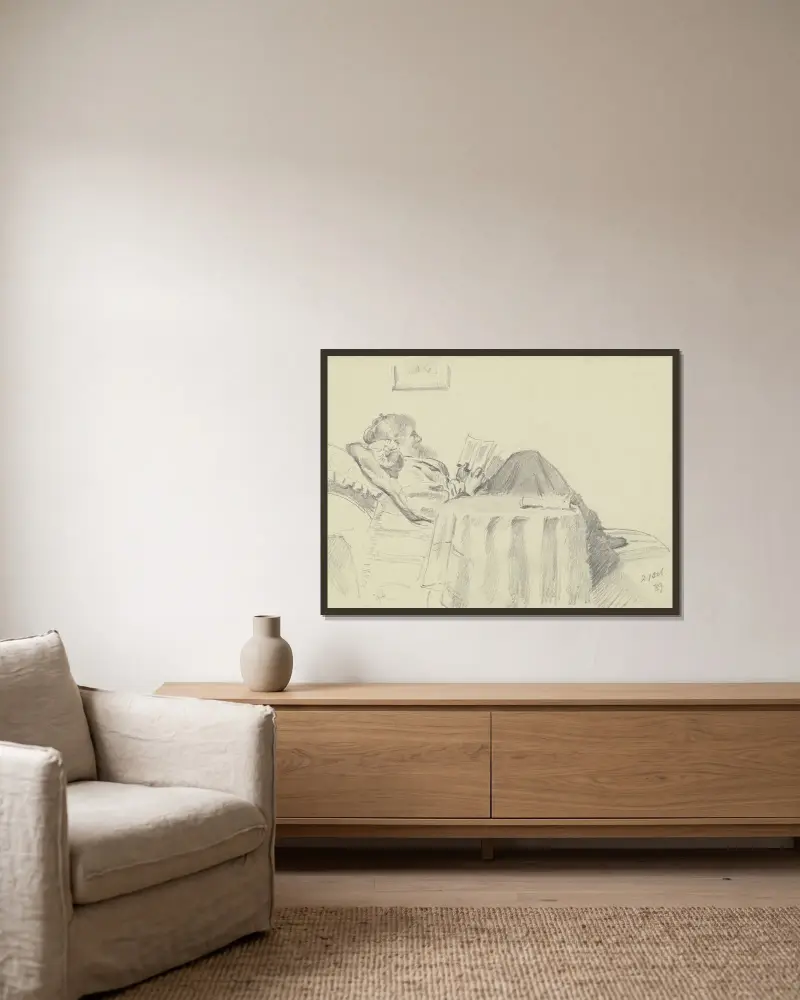 Luise Scholderer lesend, 1889 – Nr. 2 von Otto Scholderer gerahmt an einer Wand