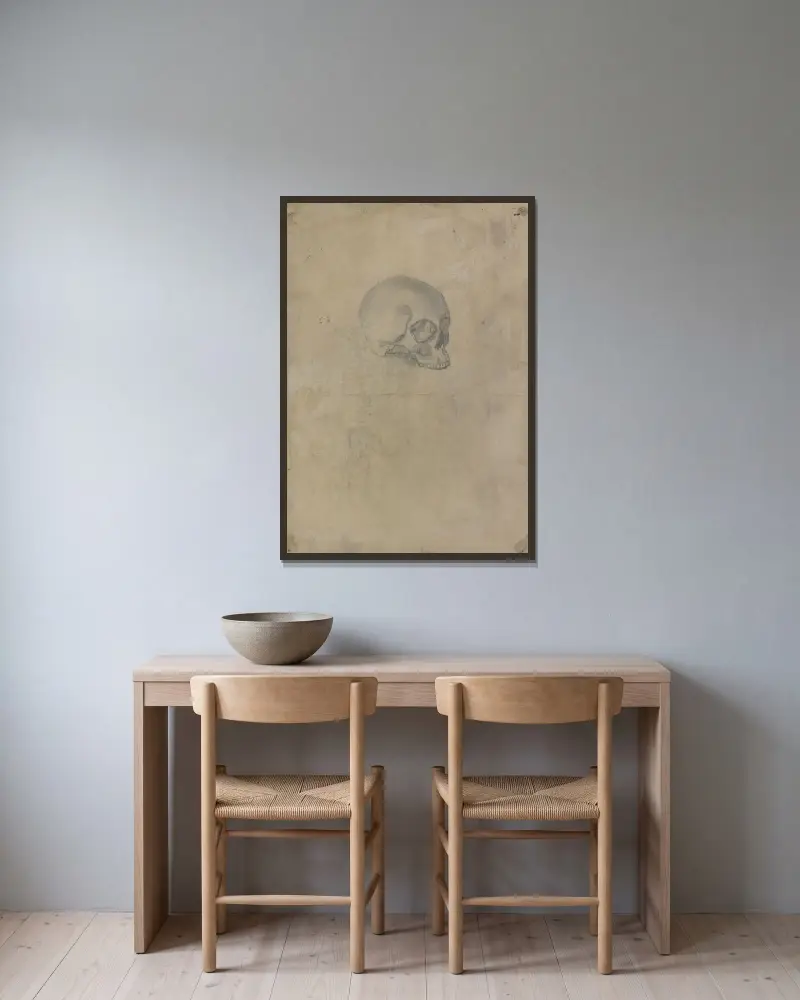 Schädel von Otto Scholderer gerahmt an einer Wand