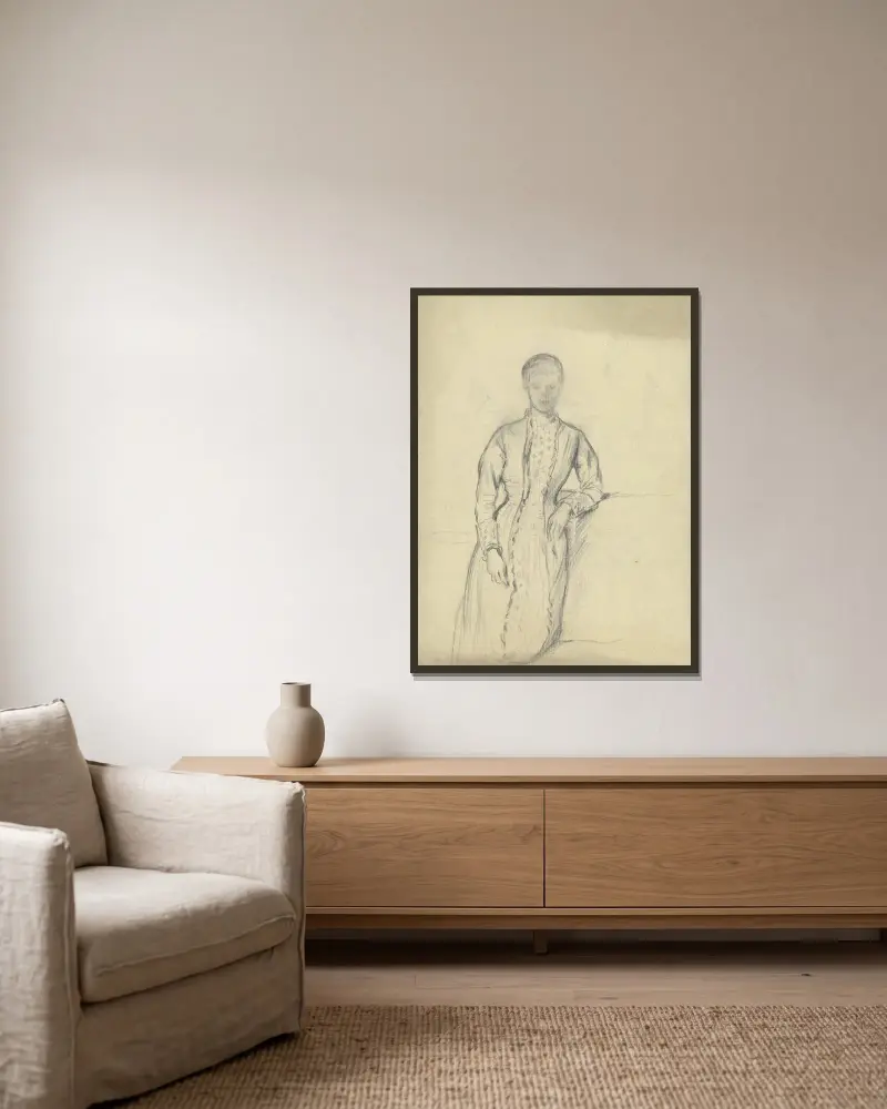 Stehende Frau im hochgeschlossenen Rüschenkleid von Otto Scholderer gerahmt an einer Wand