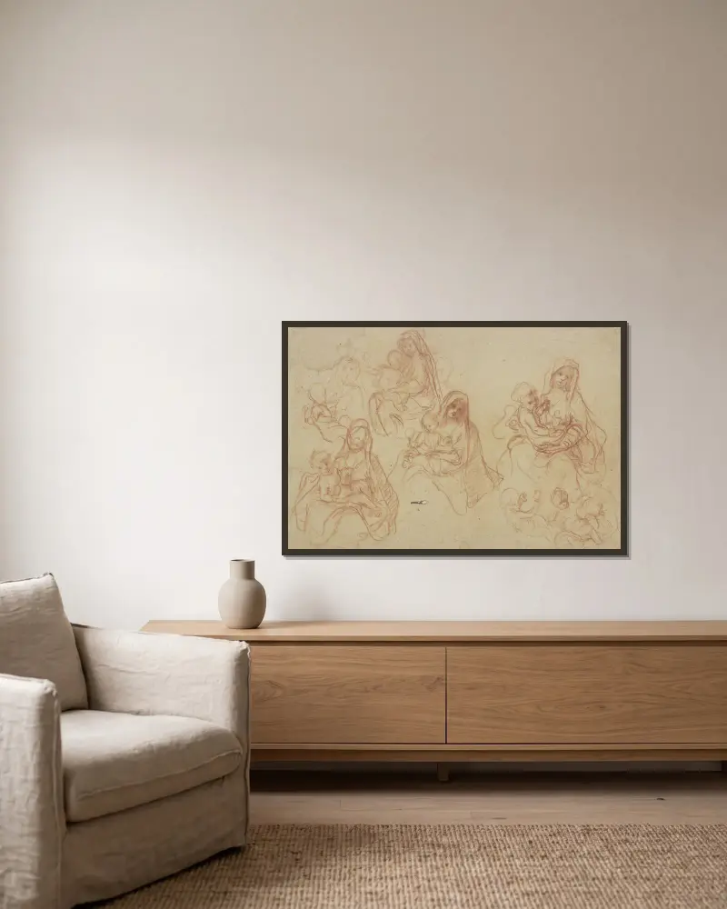Studienblatt; Madonna mit Kind von Otto Scholderer gerahmt an einer Wand