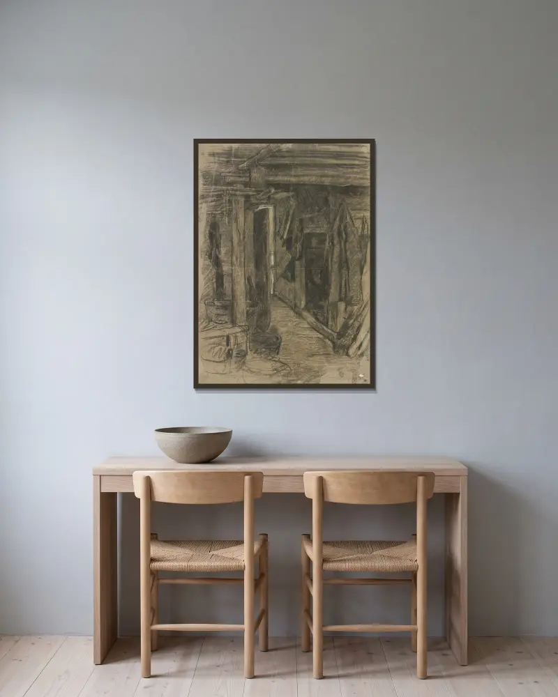 Blick in einen Schuppen von Otto Scholderer gerahmt an einer Wand