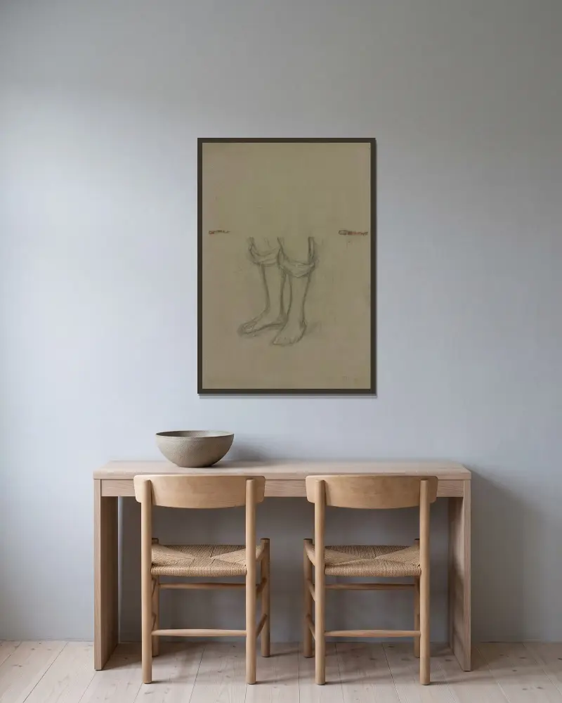 Zwei Beine in kurzen Hosen von Otto Scholderer gerahmt an einer Wand