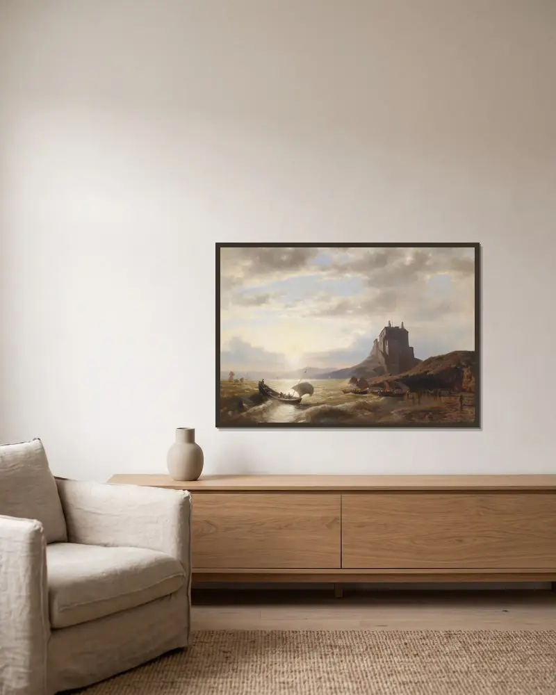 Küstenlandschaft mit Fischern av Hermann Ottomar Herzog inramad på en vägg