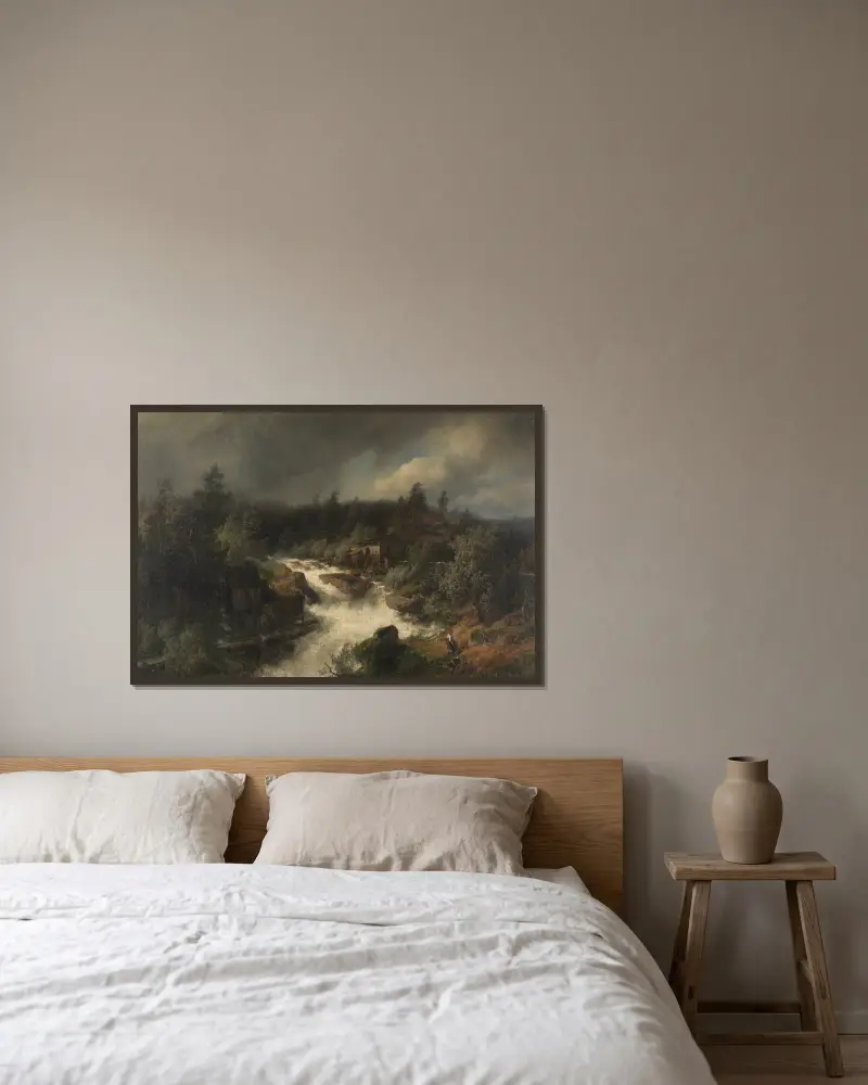 Wassermühle am tosenden Gebirgsbach av Hermann Ottomar Herzog inramad på en vägg