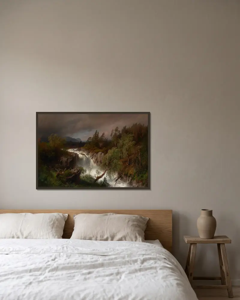 Waterfall in Telemarken Norway av Hermann Ottomar Herzog inramad på en vägg