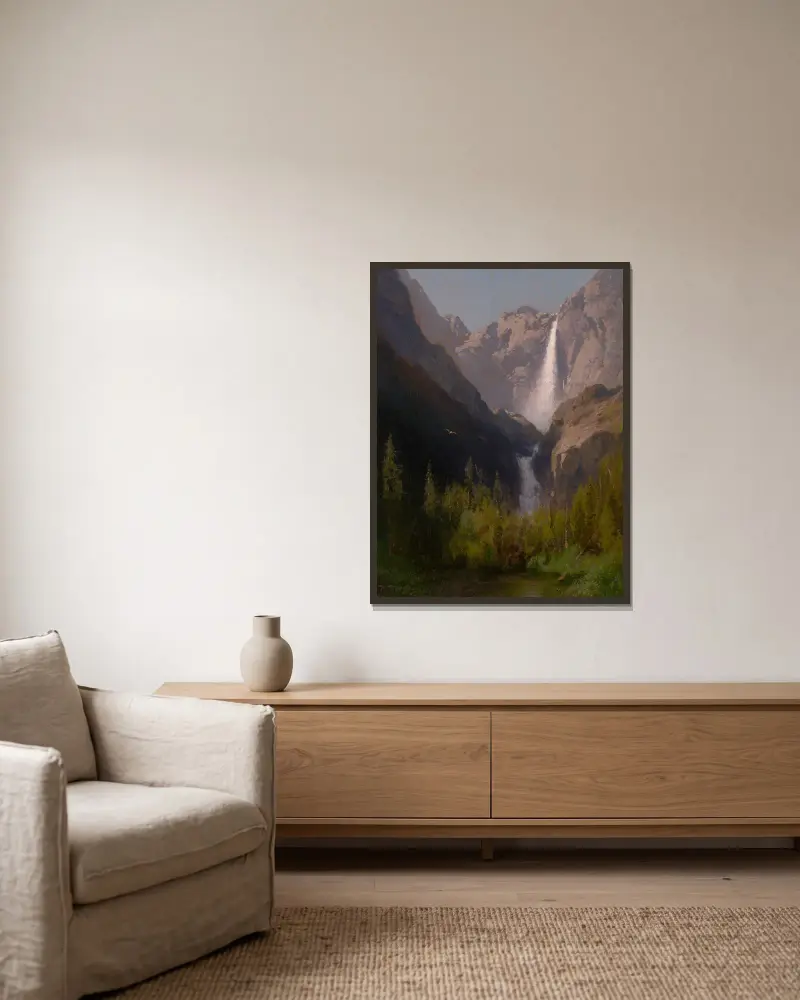 Yosemite Falls, California av Hermann Ottomar Herzog inramad på en vägg