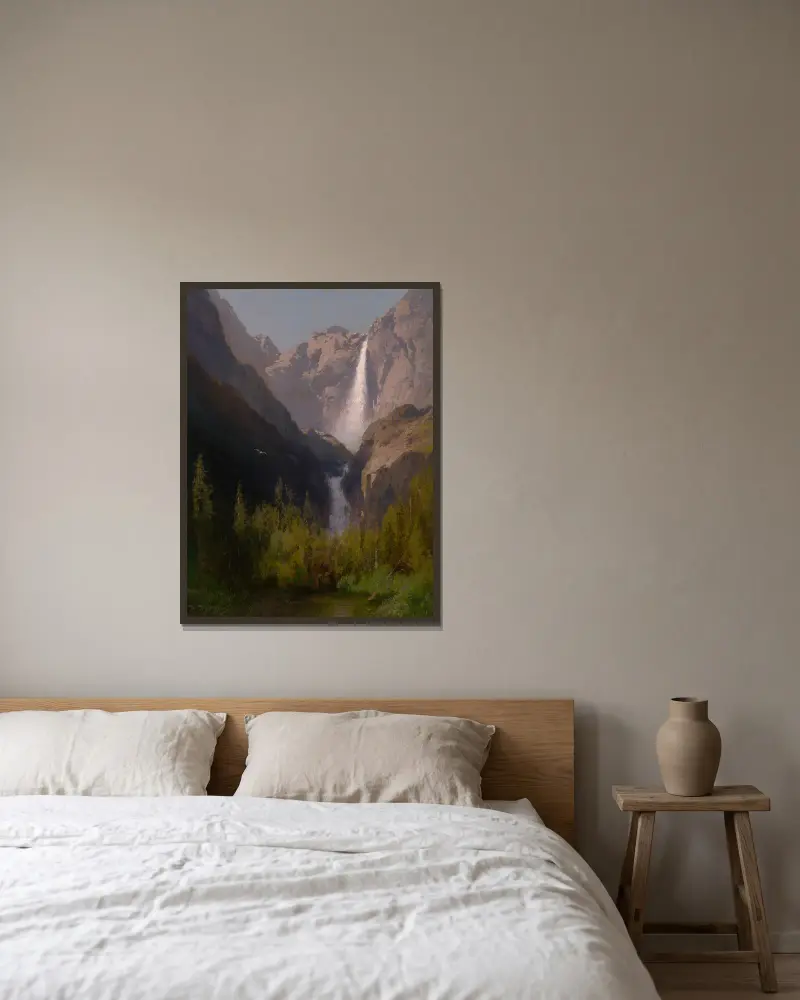 Yosemite Falls, California av Hermann Ottomar Herzog inramad på en vägg