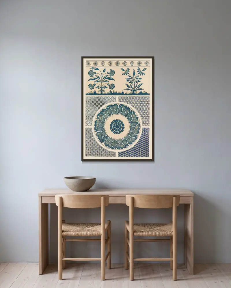 Exempel på kinesisk ornamentik, pl. 17 av Owen Jones inramad på en vägg