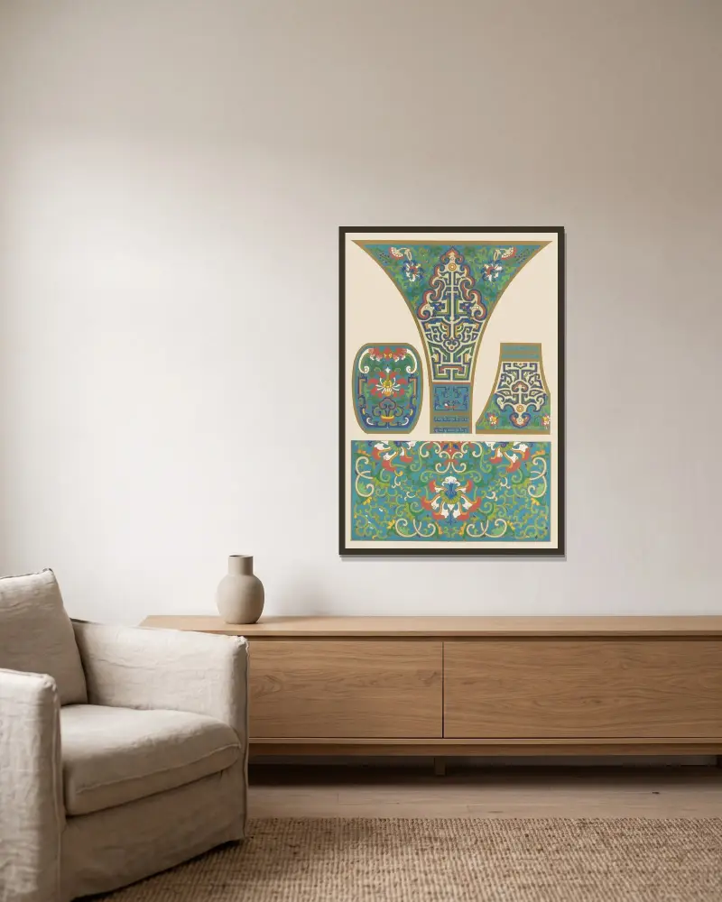 Exempel på kinesisk ornamentik, pl. 26 av Owen Jones inramad på en vägg