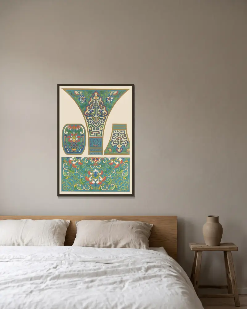 Exempel på kinesisk ornamentik, pl. 26 av Owen Jones inramad på en vägg
