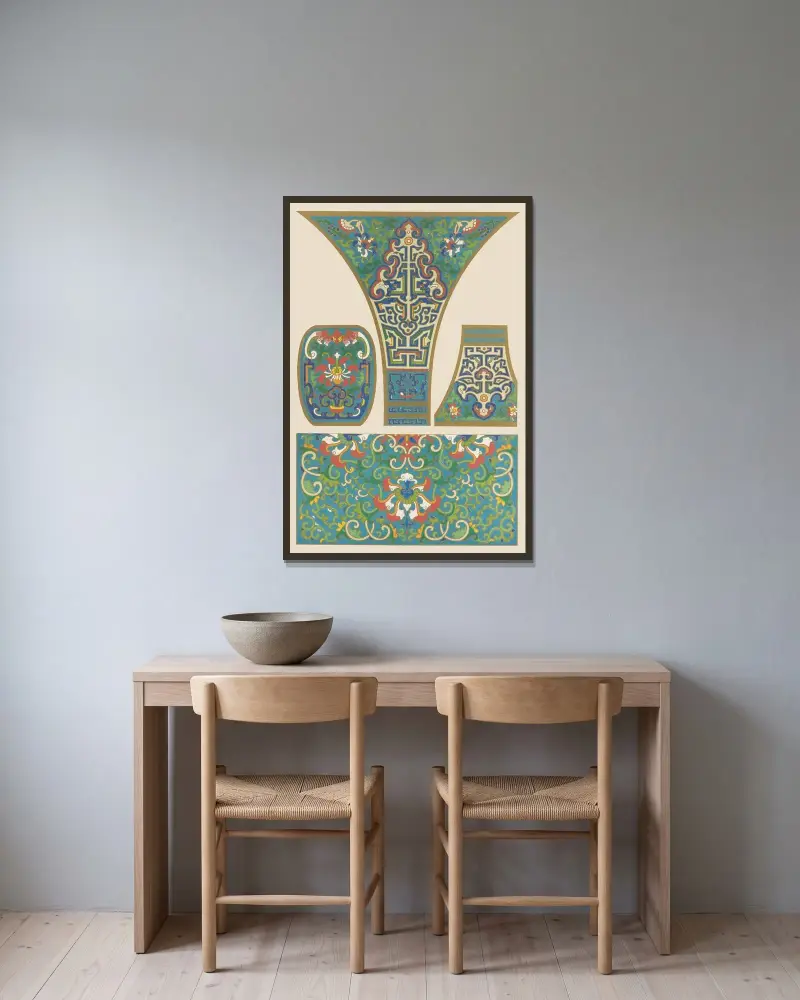 Exempel på kinesisk ornamentik, pl. 26 av Owen Jones inramad på en vägg