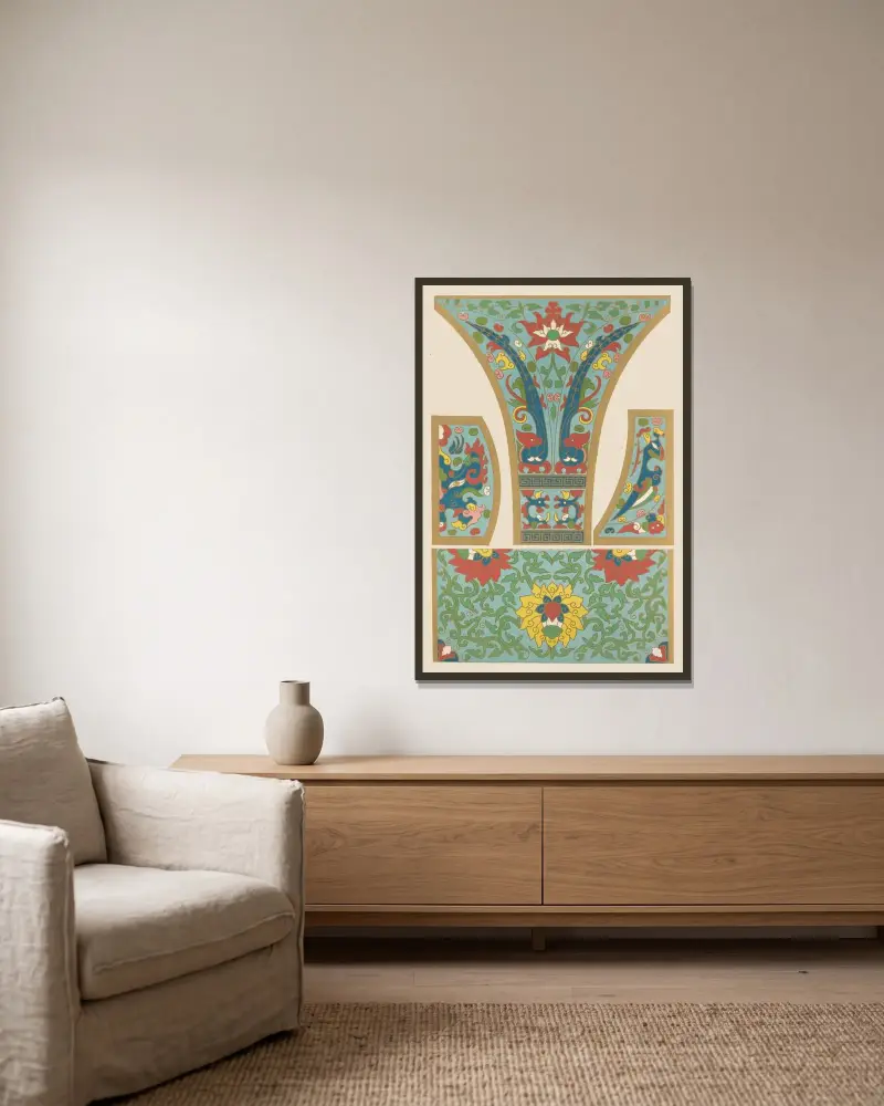 Exempel på kinesisk ornamentik, pl. 27 av Owen Jones inramad på en vägg