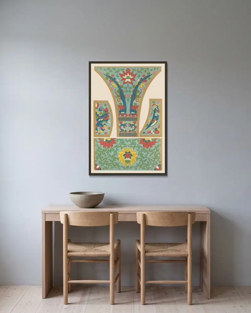 Exempel på kinesisk ornamentik, pl. 27 av Owen Jones inramad på en vägg