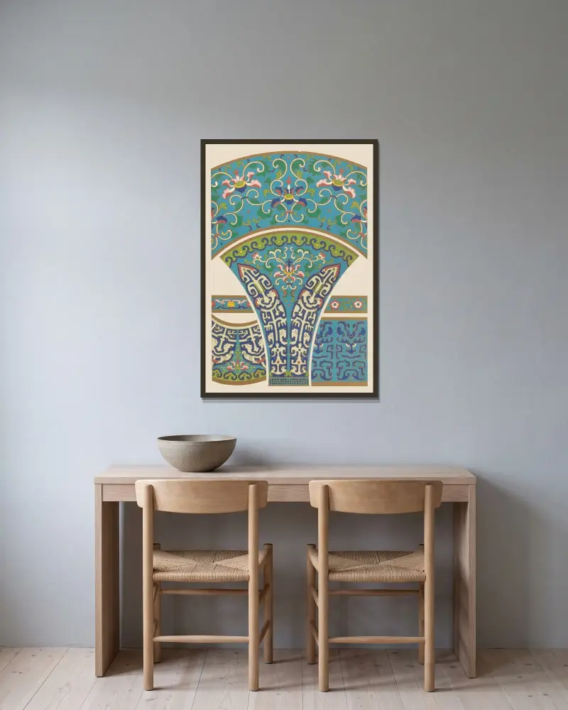 Exempel på kinesisk ornamentik, pl. 28 av Owen Jones inramad på en vägg