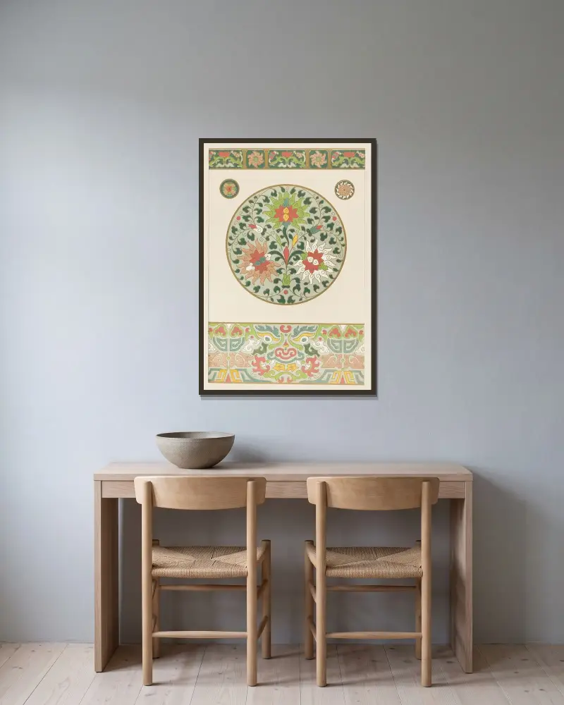 Exempel på kinesisk ornamentik, pl. 55 av Owen Jones inramad på en vägg