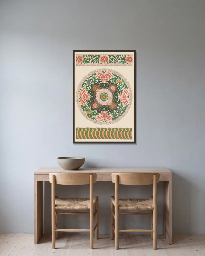 Exempel på kinesisk ornamentik, pl. 62 av Owen Jones inramad på en vägg