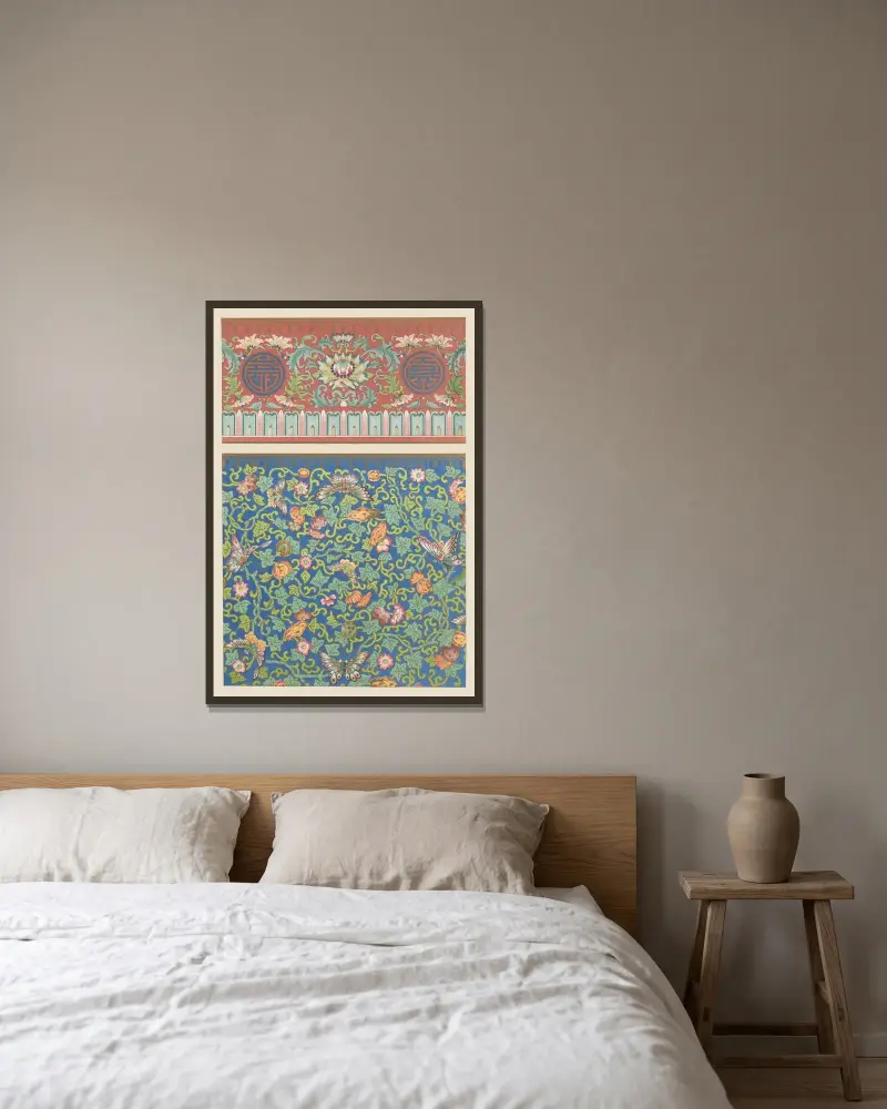 Exempel på kinesisk ornamentik, pl. 75 av Owen Jones inramad på en vägg