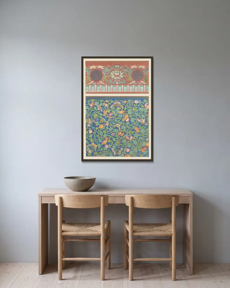 Exempel på kinesisk ornamentik, pl. 75 av Owen Jones inramad på en vägg