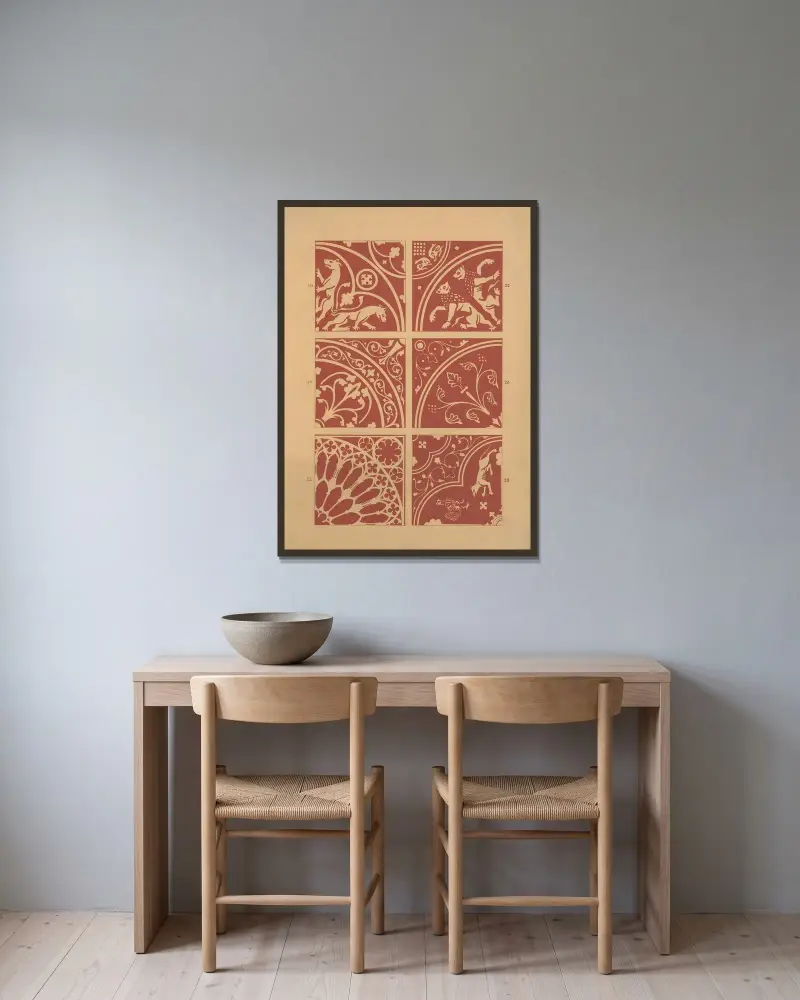 Examples of encaustic tiles Pl.03 av Owen Jones inramad på en vägg