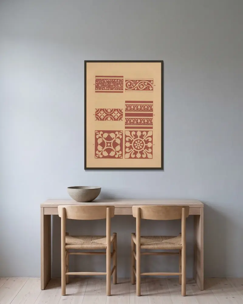 Examples of encaustic tiles Pl.04 av Owen Jones inramad på en vägg