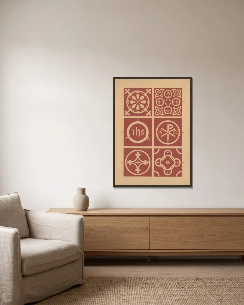 Examples of encaustic tiles Pl.05 av Owen Jones inramad på en vägg