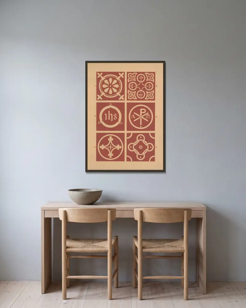 Examples of encaustic tiles Pl.05 av Owen Jones inramad på en vägg
