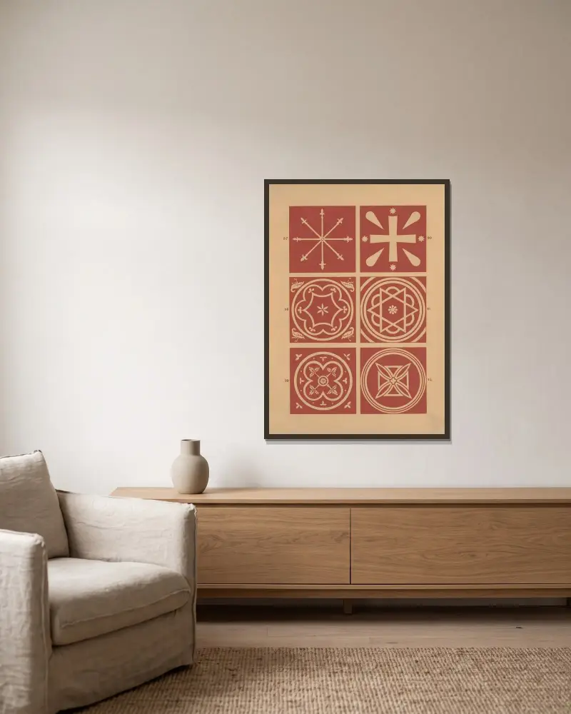 Exempel på encaustic tiles Pl.06 av Owen Jones inramad på en vägg