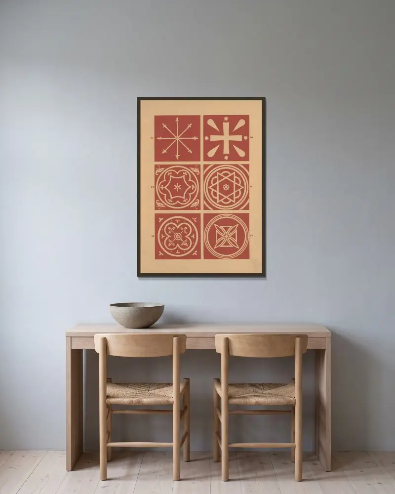 Exempel på encaustic tiles Pl.06 av Owen Jones inramad på en vägg