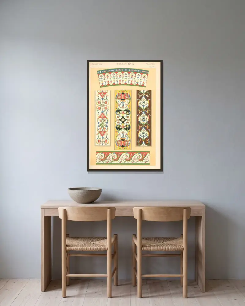 Italiensk ornamentik nr 3 av Owen Jones inramad på en vägg