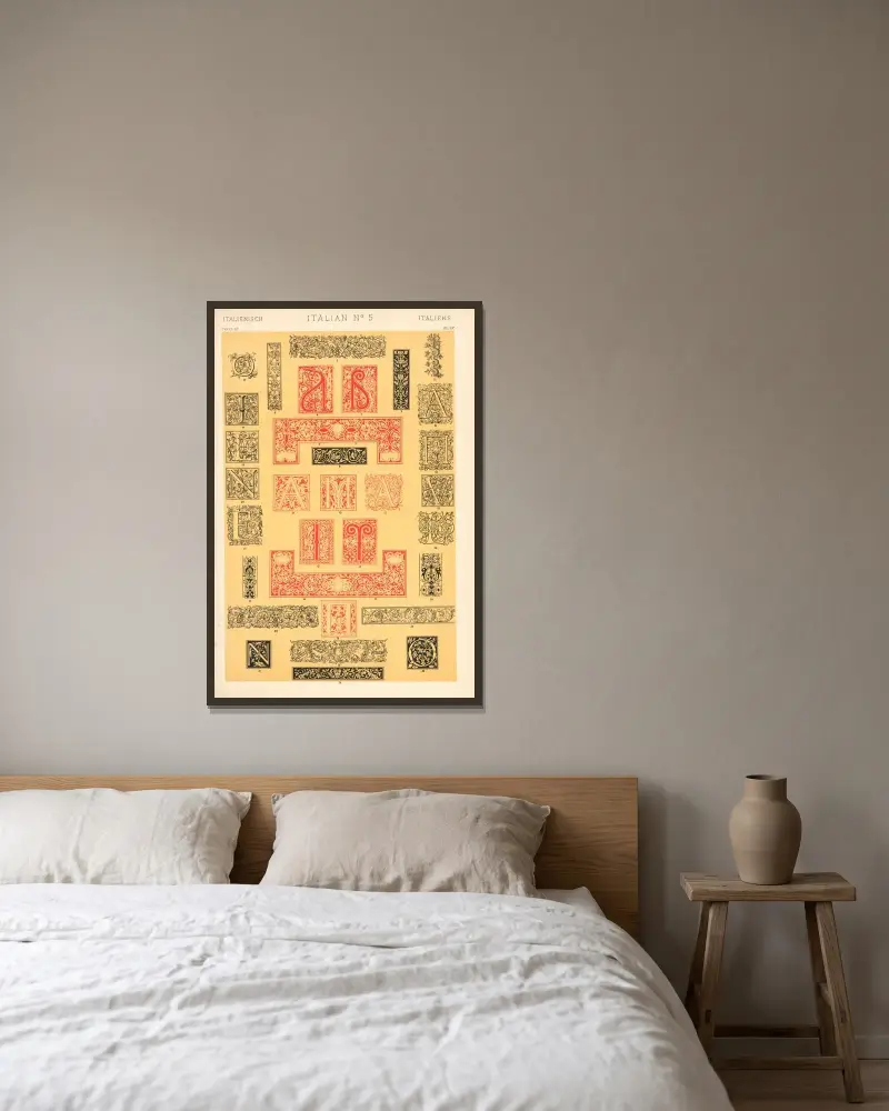 Italiensk nr 5 av Owen Jones inramad på en vägg