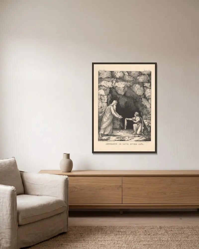 Davids Großzügigkeit gegenüber Saul von P. Bineteau gerahmt an einer Wand