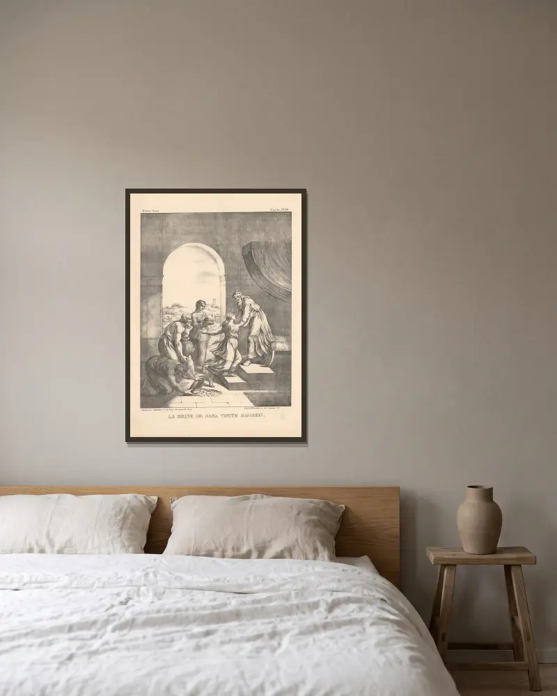 La reine de Saba visite Salomon av P. Bineteau inramad på en vägg