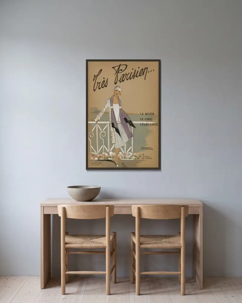 Mode: chic, elegans av G-P. Joumard inramad på en vägg