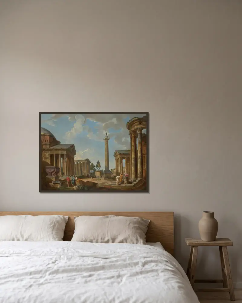 Ett capriccio med romerska ruiner av Giovanni Paolo Panini inramad på en vägg