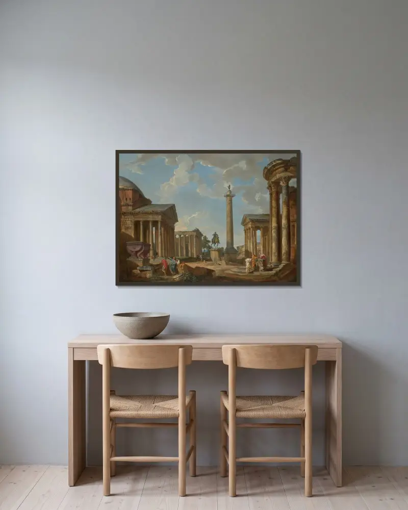 Ett capriccio med romerska ruiner av Giovanni Paolo Panini inramad på en vägg
