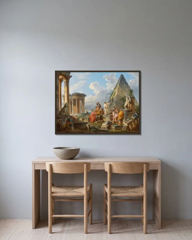 Ett capriccio med Sankt Paulus som predikar för romarna, med Vestas tempel och Caius Cestius pyramid av Giovanni Paolo Panini inramad på en vägg