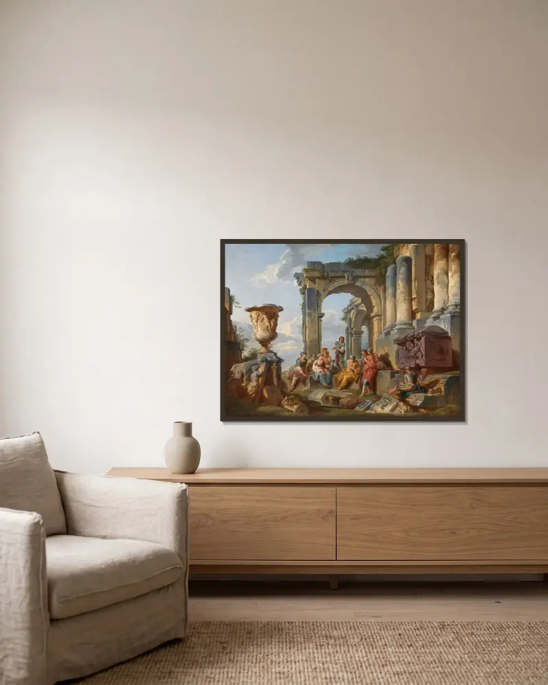 Ett capriccio med Sankt Petrus som predikar för romarna av Giovanni Paolo Panini inramad på en vägg