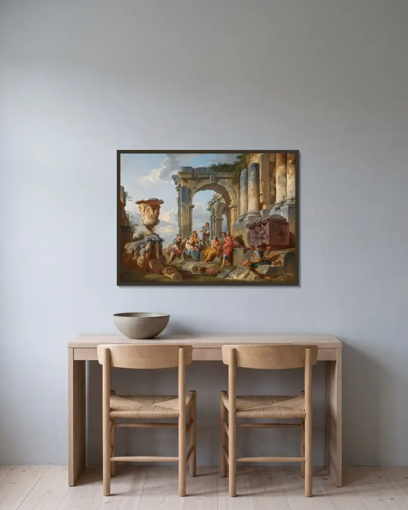 Ett capriccio med Sankt Petrus som predikar för romarna av Giovanni Paolo Panini inramad på en vägg