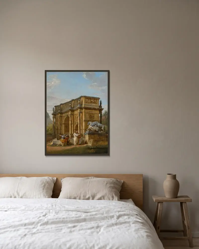 Ett capriccio med Konstantinbågen och lejongruppen från Kapitolium av Giovanni Paolo Panini inramad på en vägg